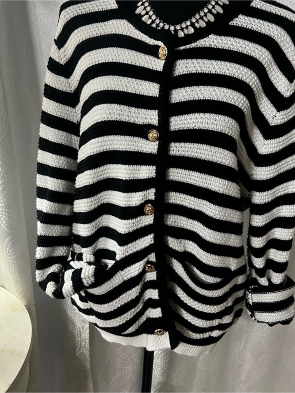 Black & White Striped Knit Cardigan Sweater - Picture 5 of 5